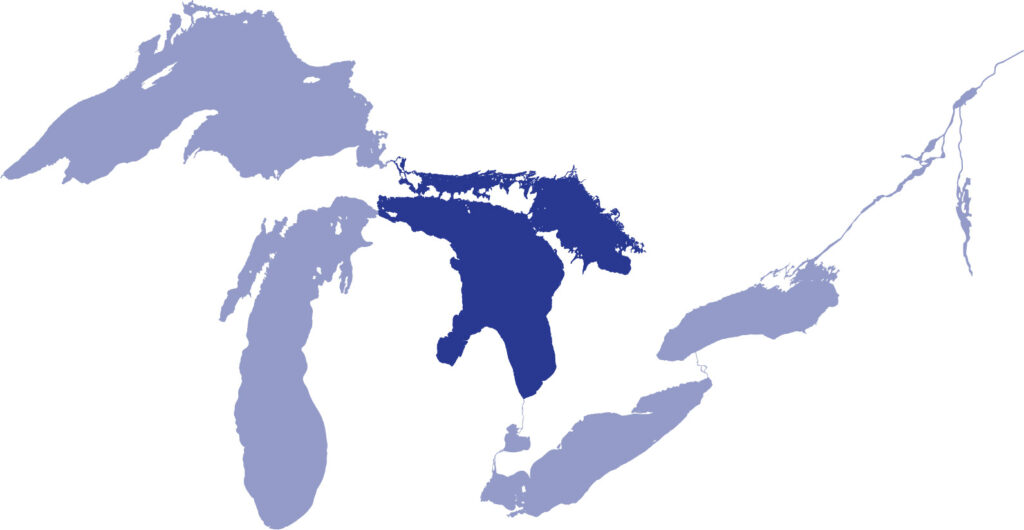 Lake Huron highlighted in dark blue and the Great Lakes in light blue