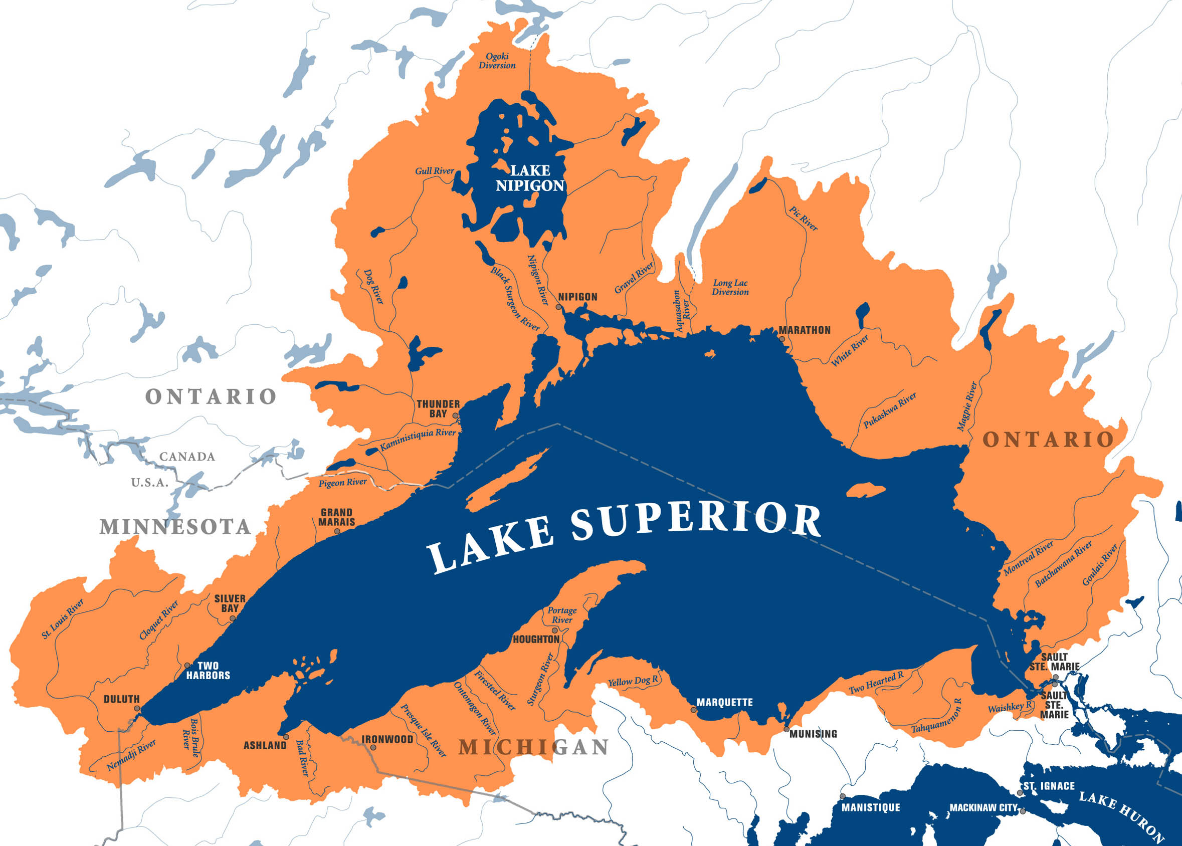 A map showing the watershed of Lake Superior in orange