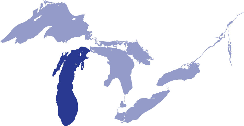 Lake Michigan highlighted in dark blue and the Great Lakes in light blue