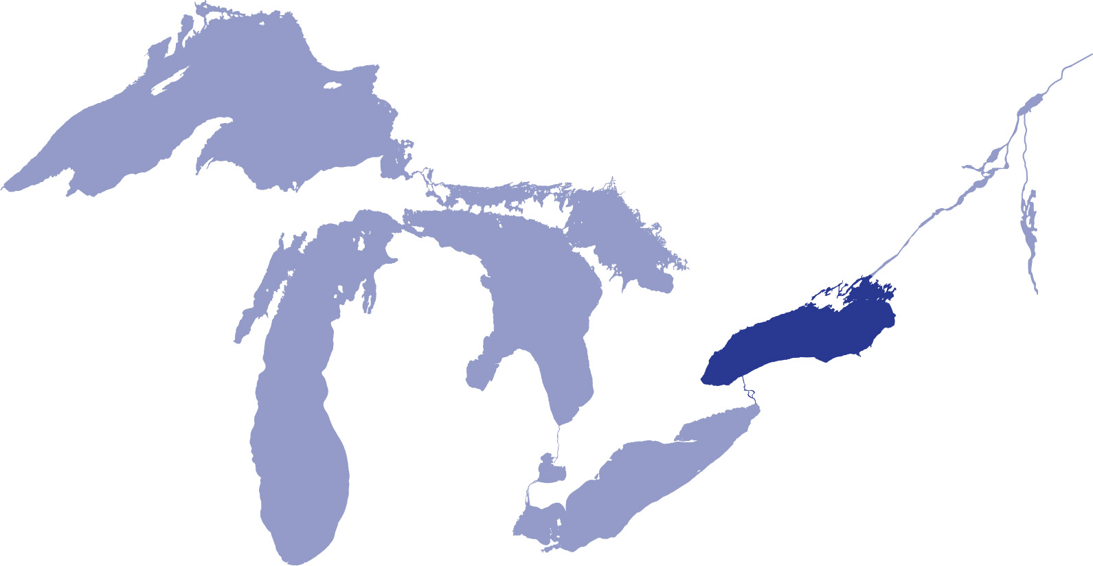 Lake Ontario highlighted in dark blue and the Great Lakes in light blue