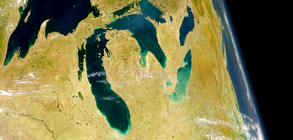 Satellite image of the Great Lakes, including the turbid waters of Lake Erie