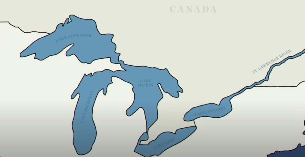 Illustration of the Great Lakes (Lake Superior, Lake Huron, Lake Michigan, Lake Erie, Lake Ontario) and St. Lawrence River