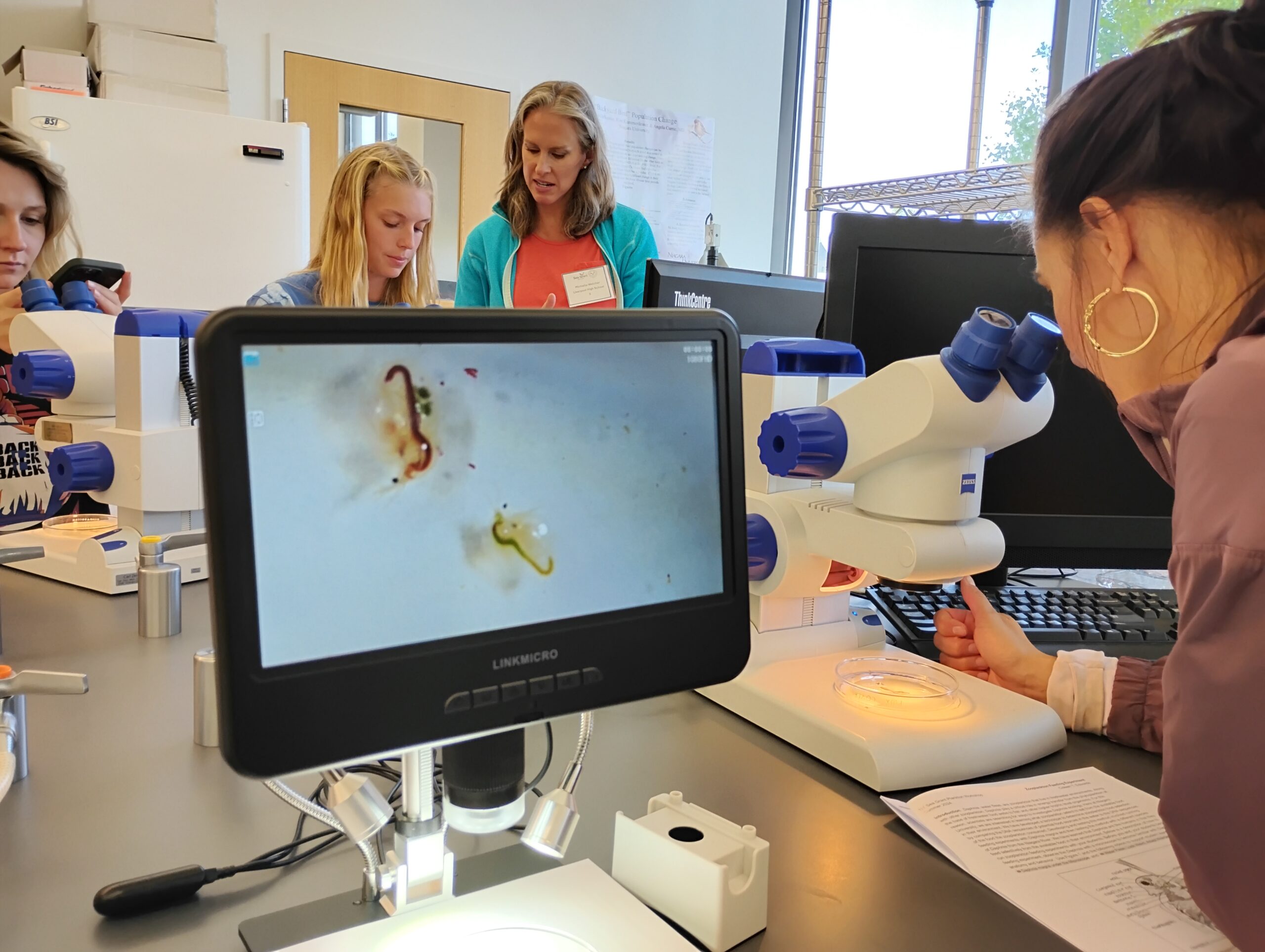 Educator looks through a digital microscope at plankton. The enlarged plankton is also displayed on a screen.