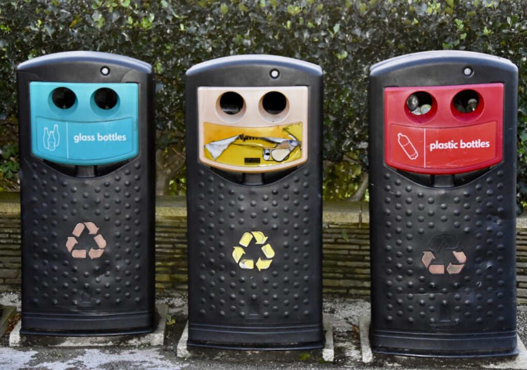 Recycle bins in a public space