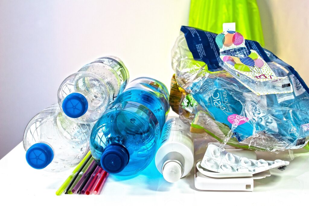 recyclable plastic bottles and products on a table