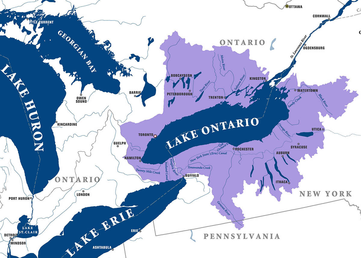 A map showing the watershed for Lake Ontario in purple