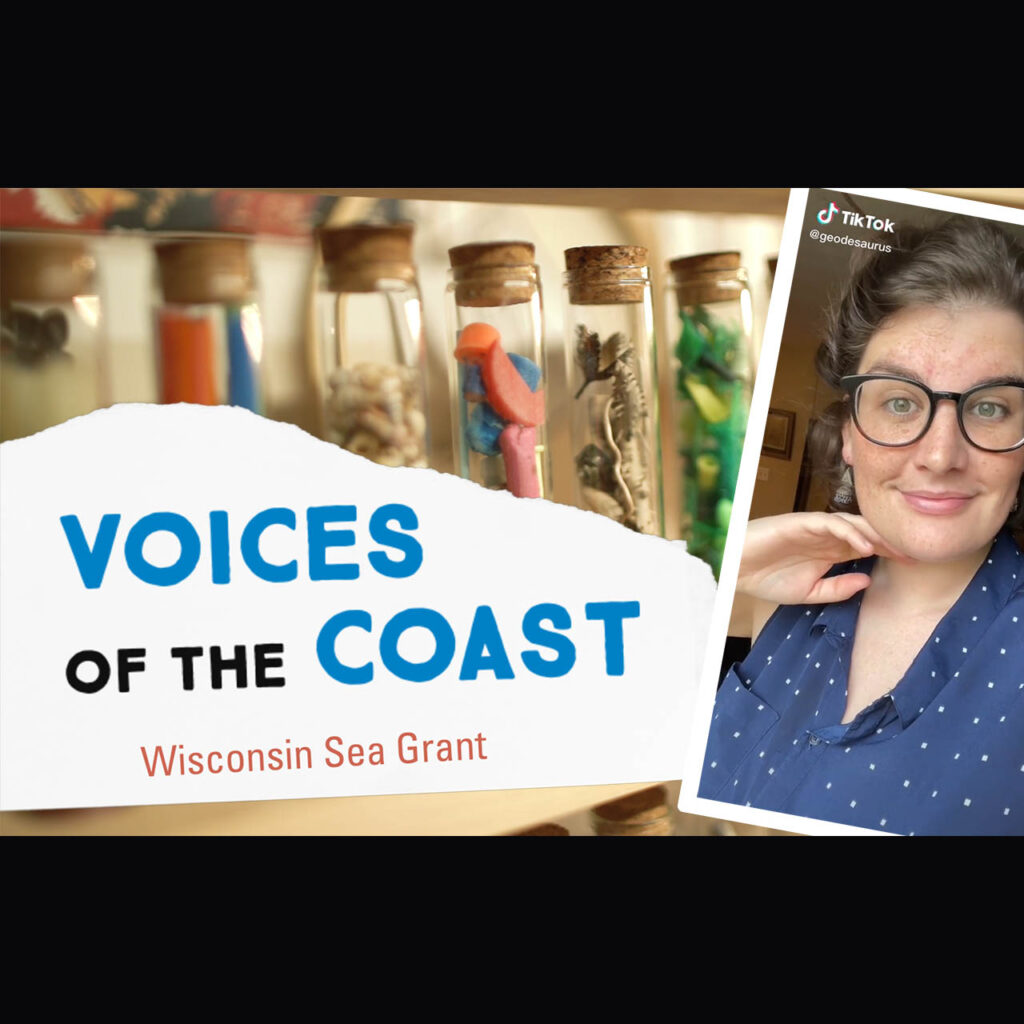 Six glass tubes with cork stoppers are lined up side-by-side. Each tube contains colorful bits of plastic. An image of Geo Rutherford from her Tik-Tok account is super-imposed over the tubes. On the bottom left of the image is the Voices of the Coast Wisconsin Sea Grant logo.