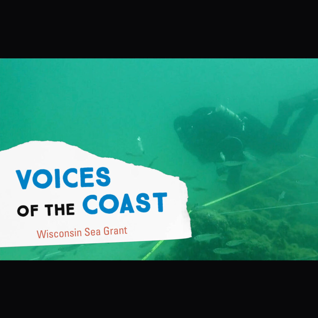 The silhouette of a scuba diver appears floating above a shipwreck surrounded by blue-green water. On the bottom left of the image is the Voices of the Coast Wisconsin Sea Grant logo.