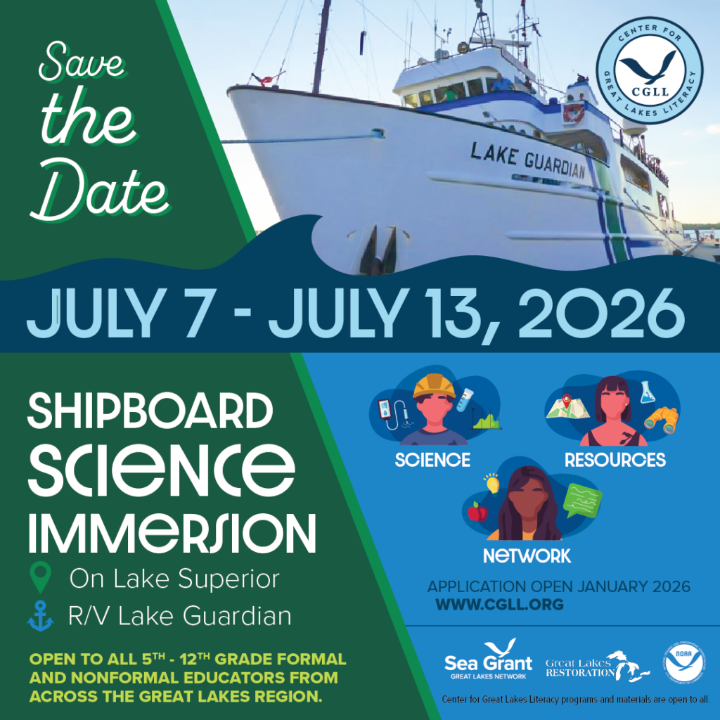 Great Lakes R/V Lake Guardian pictured next to text describing July 7-13 2026, shipboard science immersion event. Three cartoon images show head-and-shoulders of people labeled science, resources, network. Logo with gull labeled Center for Great Lakes Literacy, Great Lakes Sea Grant Network, Great Lakes Restoration Initiative, and NOAA.