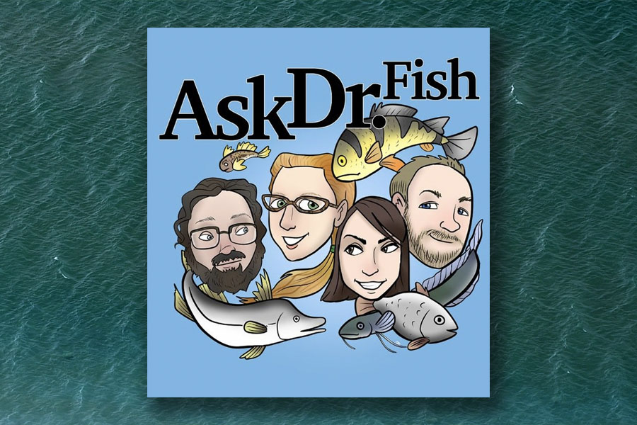 Ask Dr. Fish Logo featuring illustrations of Dr. Fishes and multiple fish species