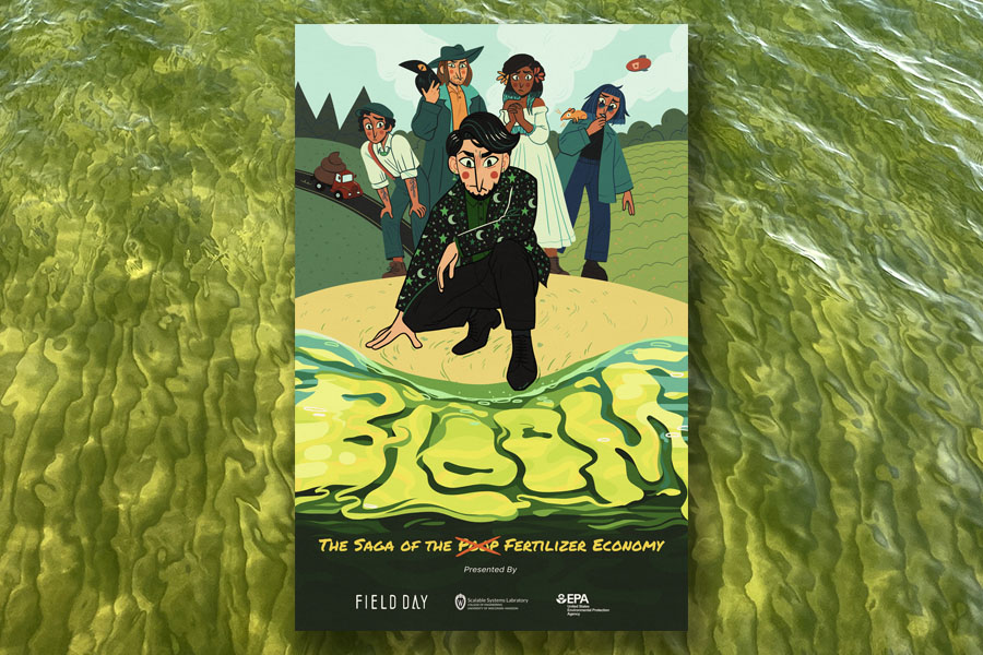 A cover for a game with the word bloom in the water in a green color, with five characters looking down a the lettering