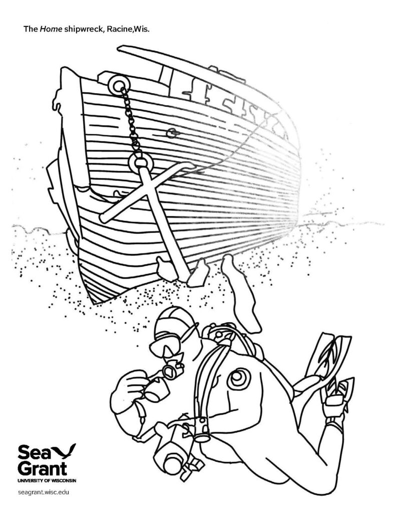 The Home shipwreck and scuba diver. Racine, Wisconsin