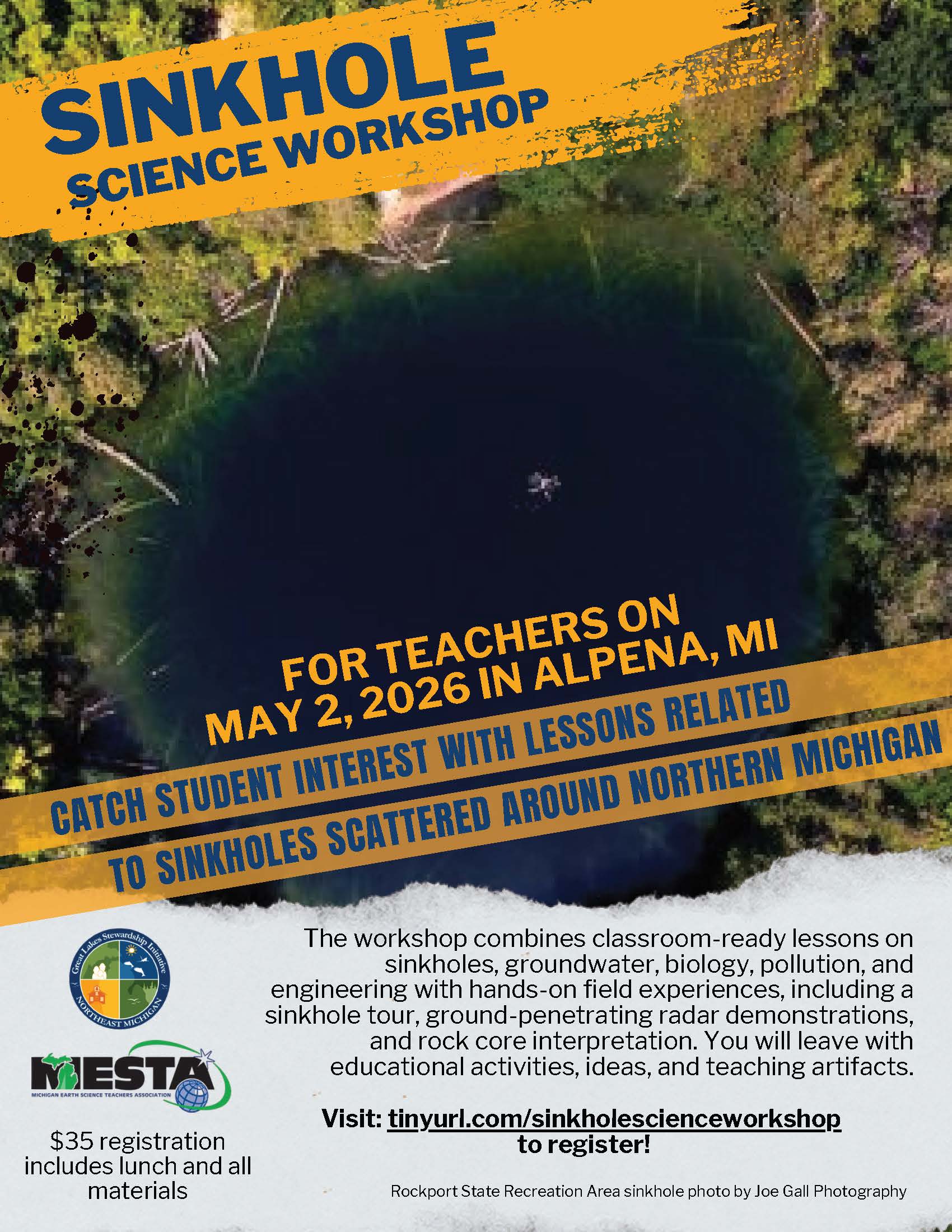 Sinkhole Science Workshop flyer with an aerial image of a sinkhole and workshop details