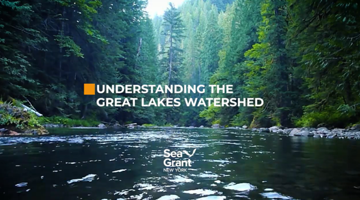 image of a stream in a forest with the words 'understanding the great lakes watershed' and the new york sea grant logo in the middle.